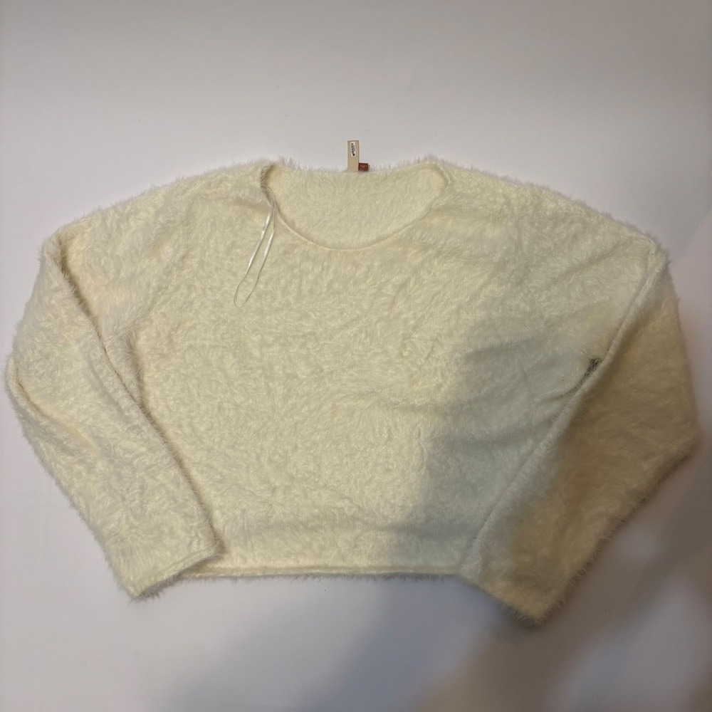 Pilcro Cream Fuzzy Eyelash Knit Cropped Sweater XL Scoop Neck Long Sleeve Soft
